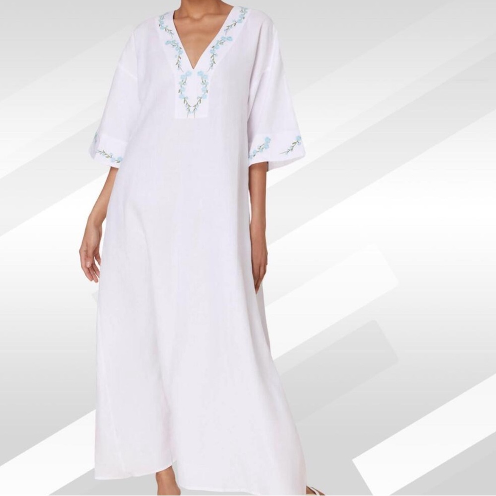 NWT Fanm Mon x Andie Linen Kepez Kaftan Dress White Breezy Resort Wear - Picture 3 of 14